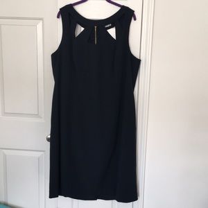 Navy sleeveless sheath dress with cutout neckline